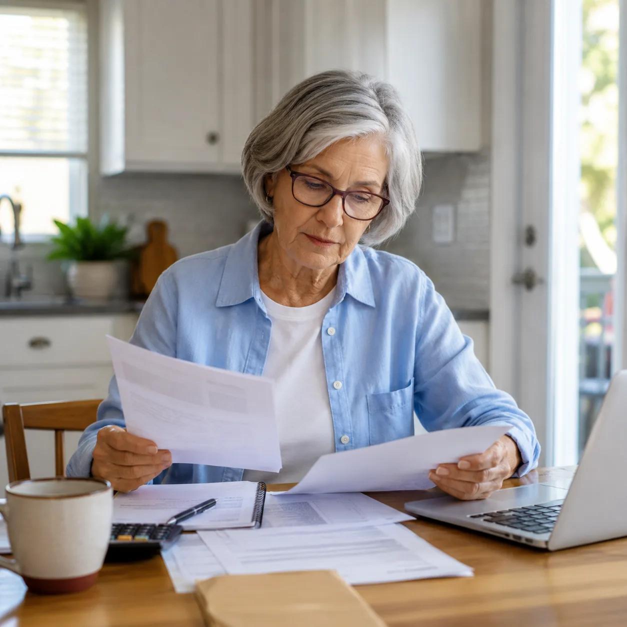 Realistic editorial photo of an older homeowner comparing HOA statements and budget papers at a kitchen table, practical