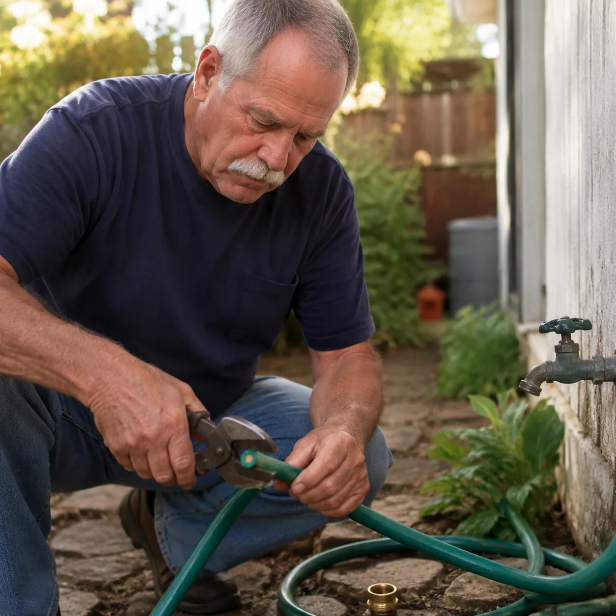 Realistic editorial photo of an older man cutting and coupling a green garden hose beside a backyard spigot, warm natura