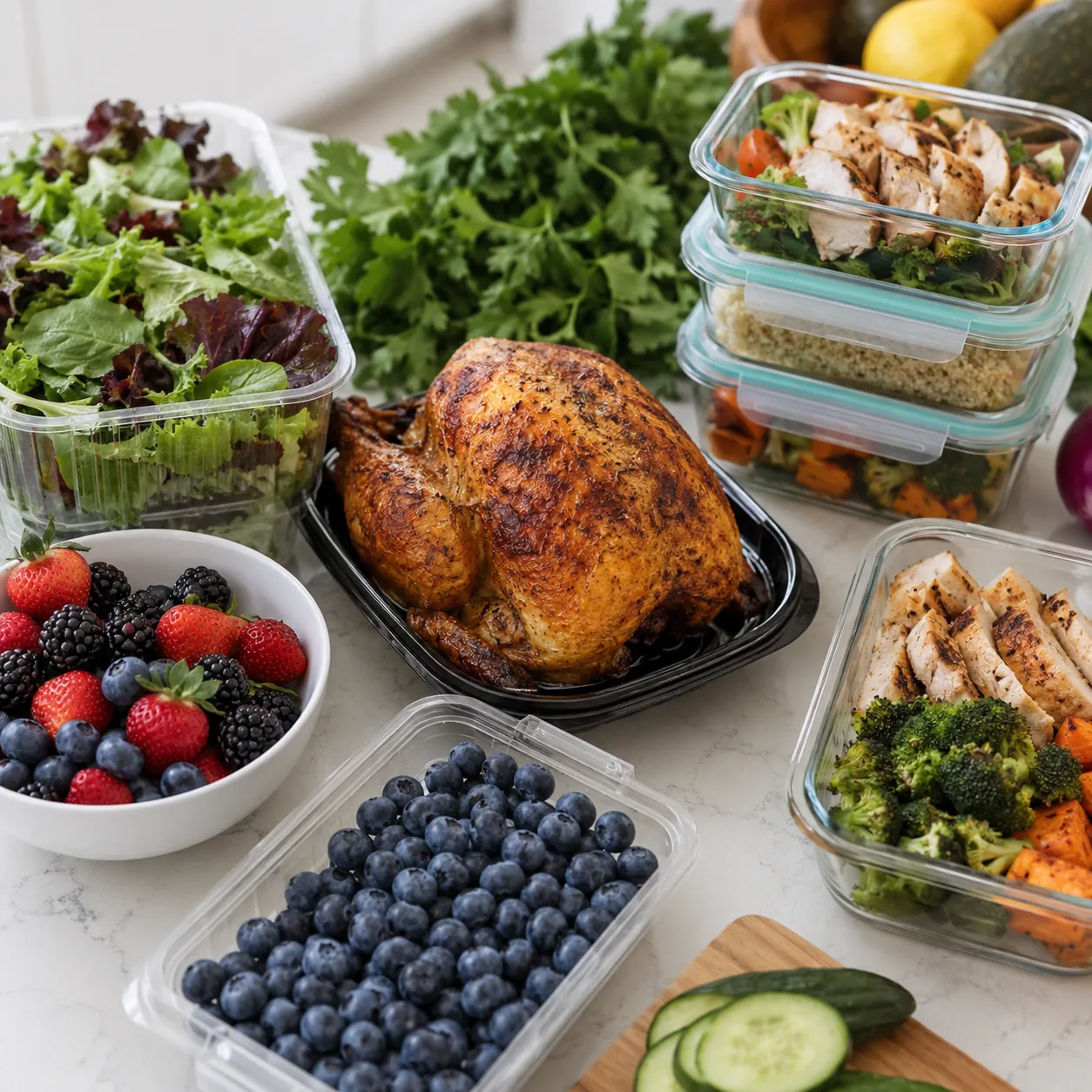 Realistic editorial photo of berries, salad greens, rotisserie chicken, and meal prep containers on a counter, practical