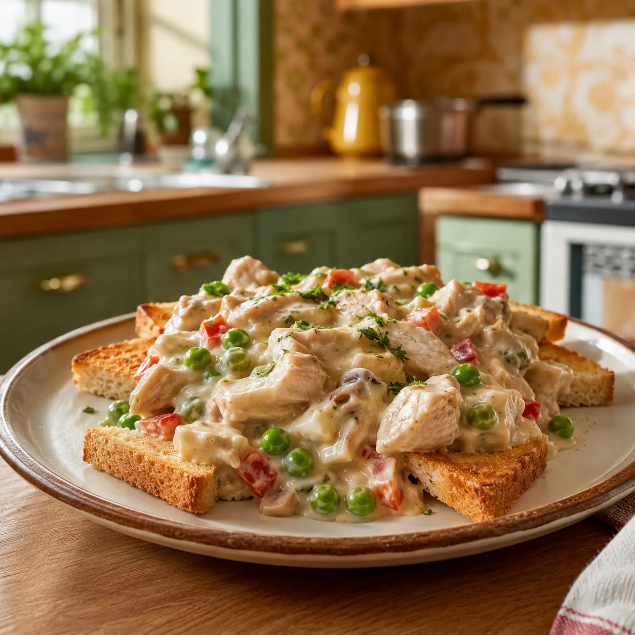 Realistic editorial photo of chicken a la king spooned over toast points with peas and peppers on a dinner plate, practi