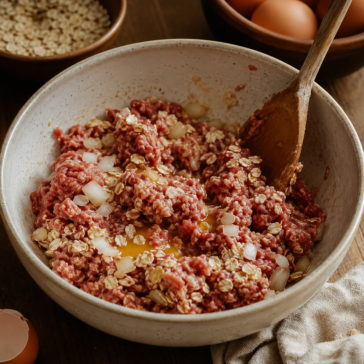 Realistic editorial photo of ground beef mixed with rolled oats, onion, and egg in a mixing bowl for meatloaf, practical