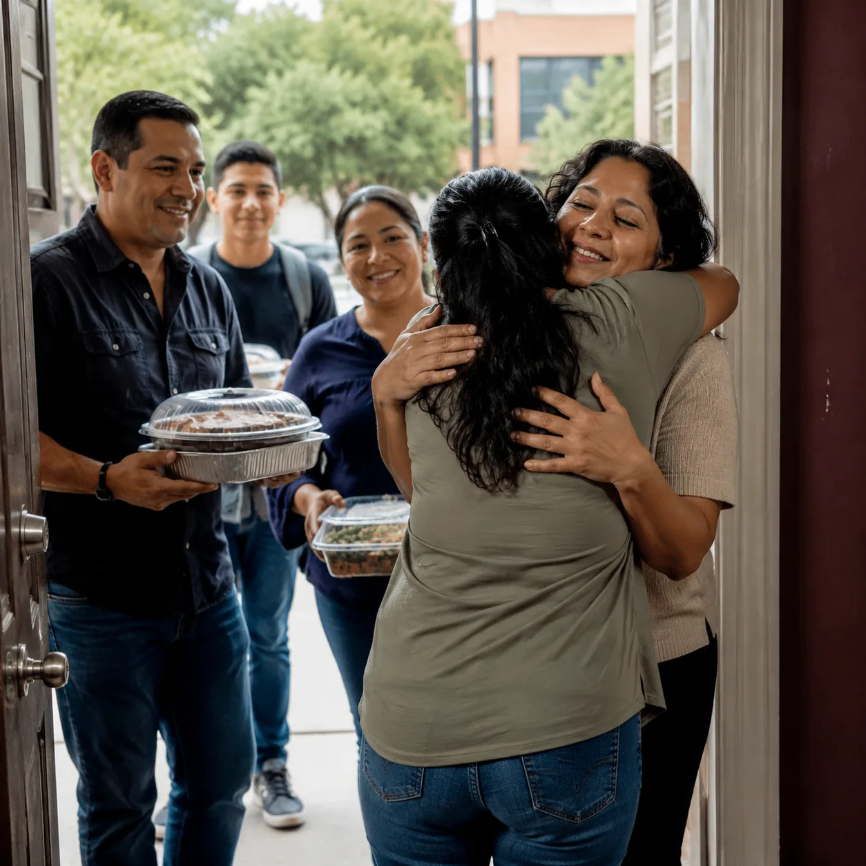 Realistic editorial photo of Latino relatives arriving at an apartment with food containers and hugs, warm family doorwa
