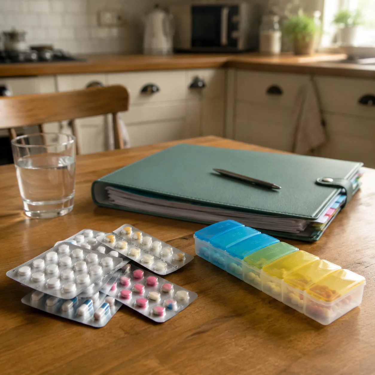 Realistic editorial photo of medication blister packs, pill organizer, and family care folder on a kitchen table, practi