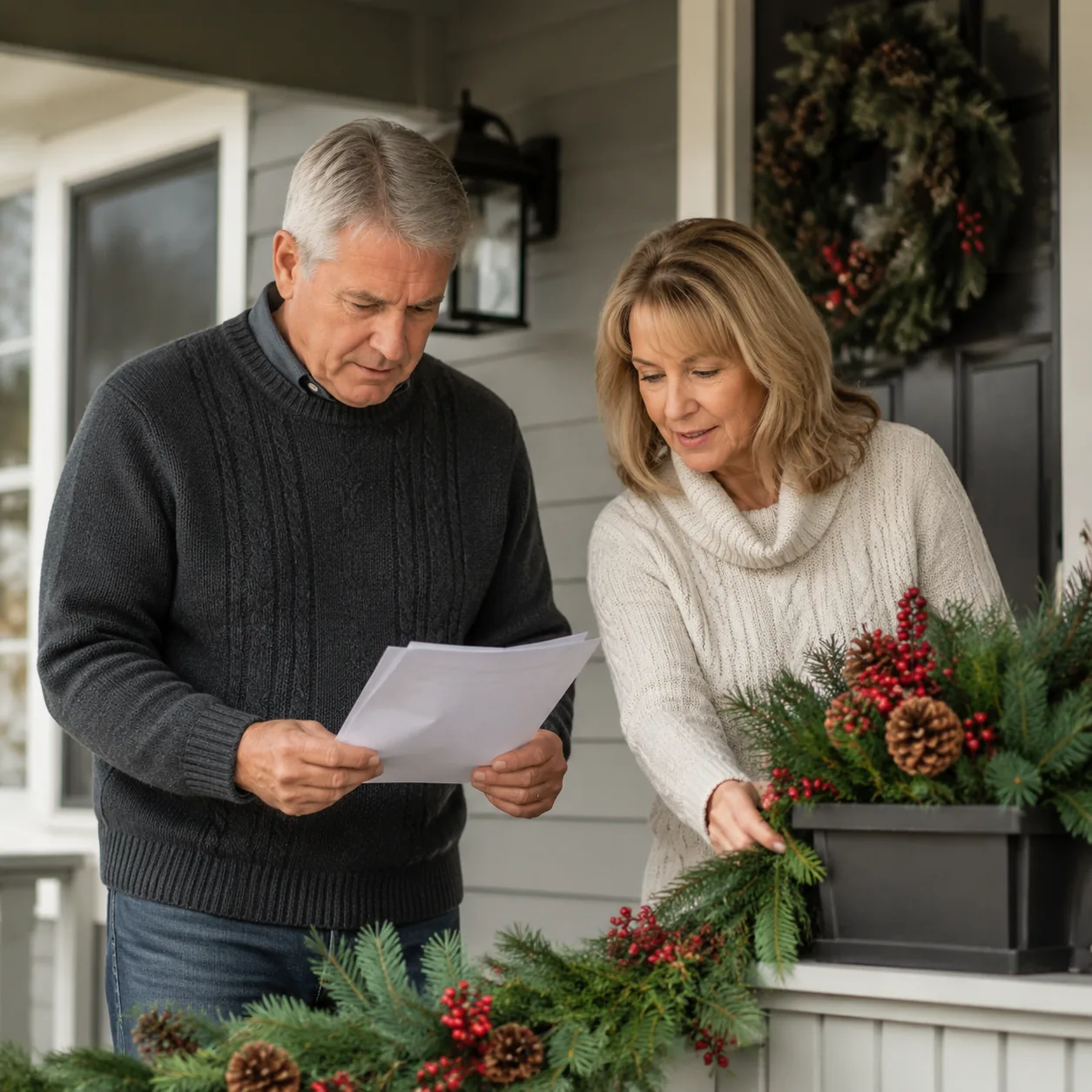 Realistic editorial photo of older homeowners placing tasteful holiday decorations on a porch while checking a community