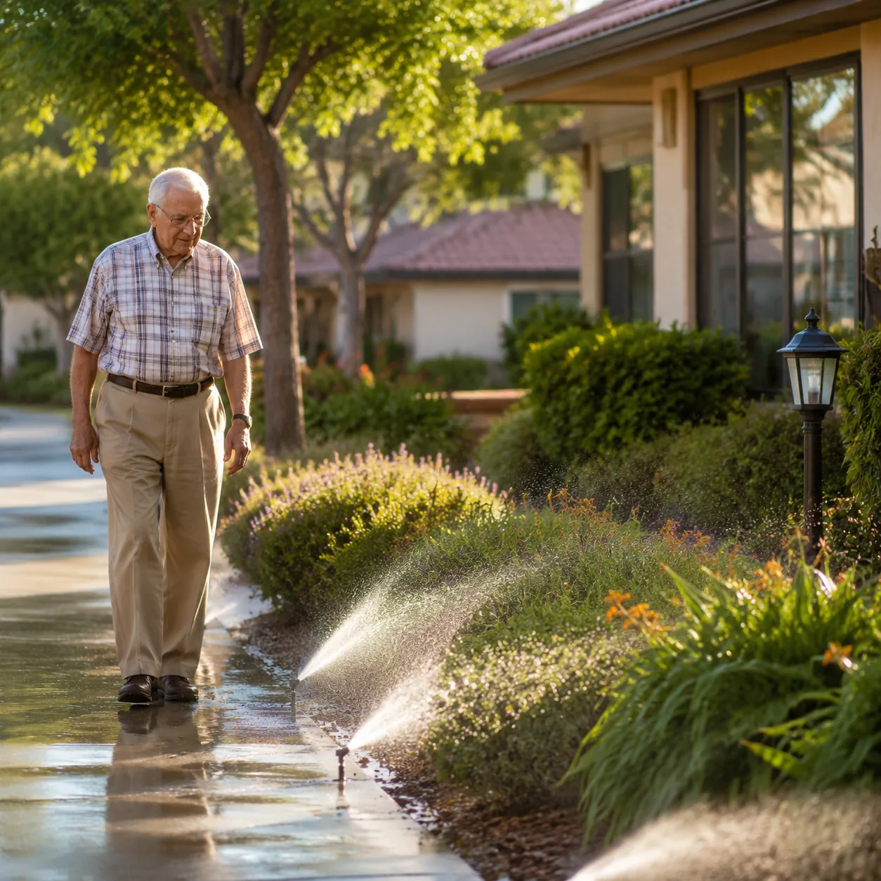 Realistic editorial photo of sprinklers running near a retirement community sidewalk as an older resident walks past car