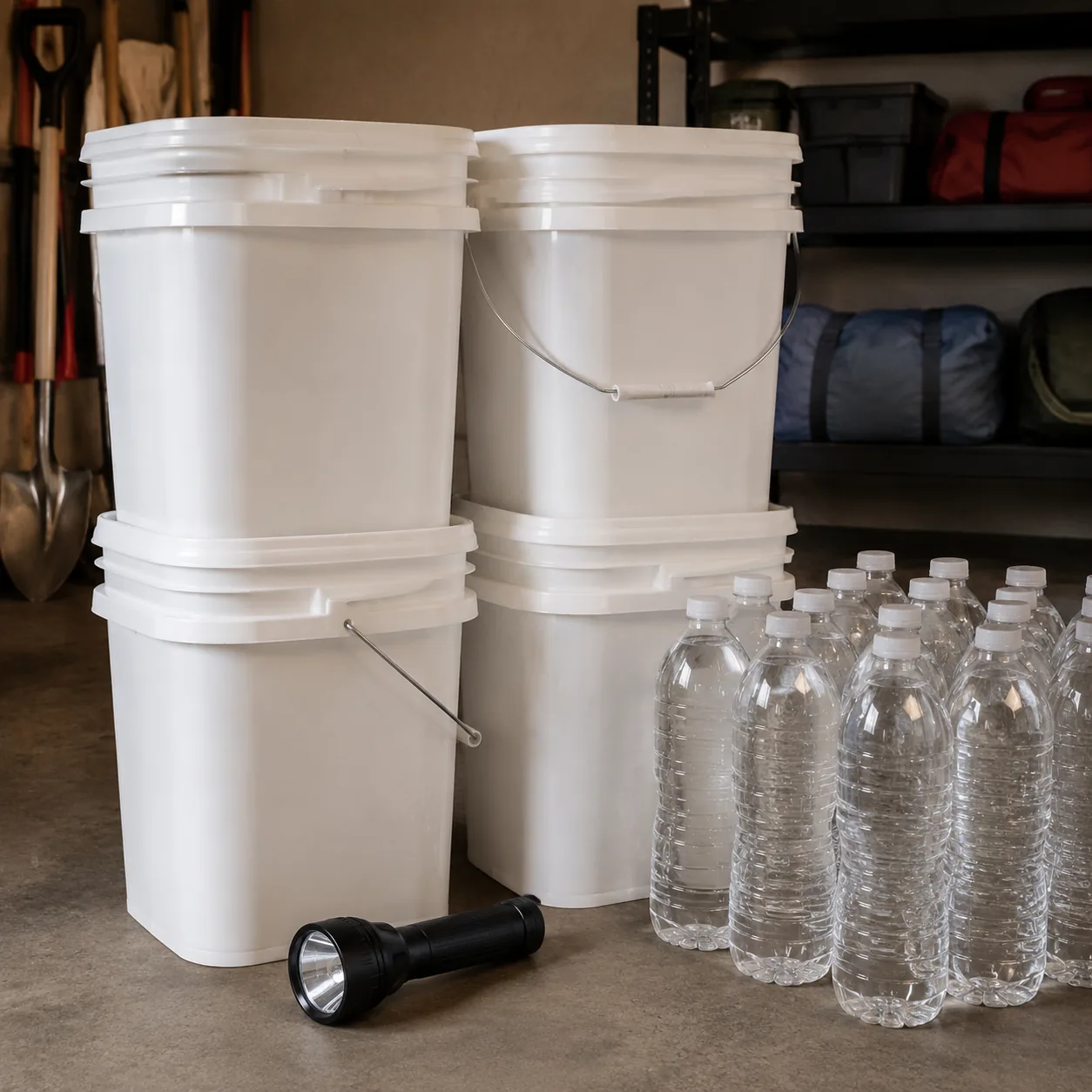 Realistic editorial photo of stacked emergency food buckets in a garage beside bottled water and a flashlight, practical