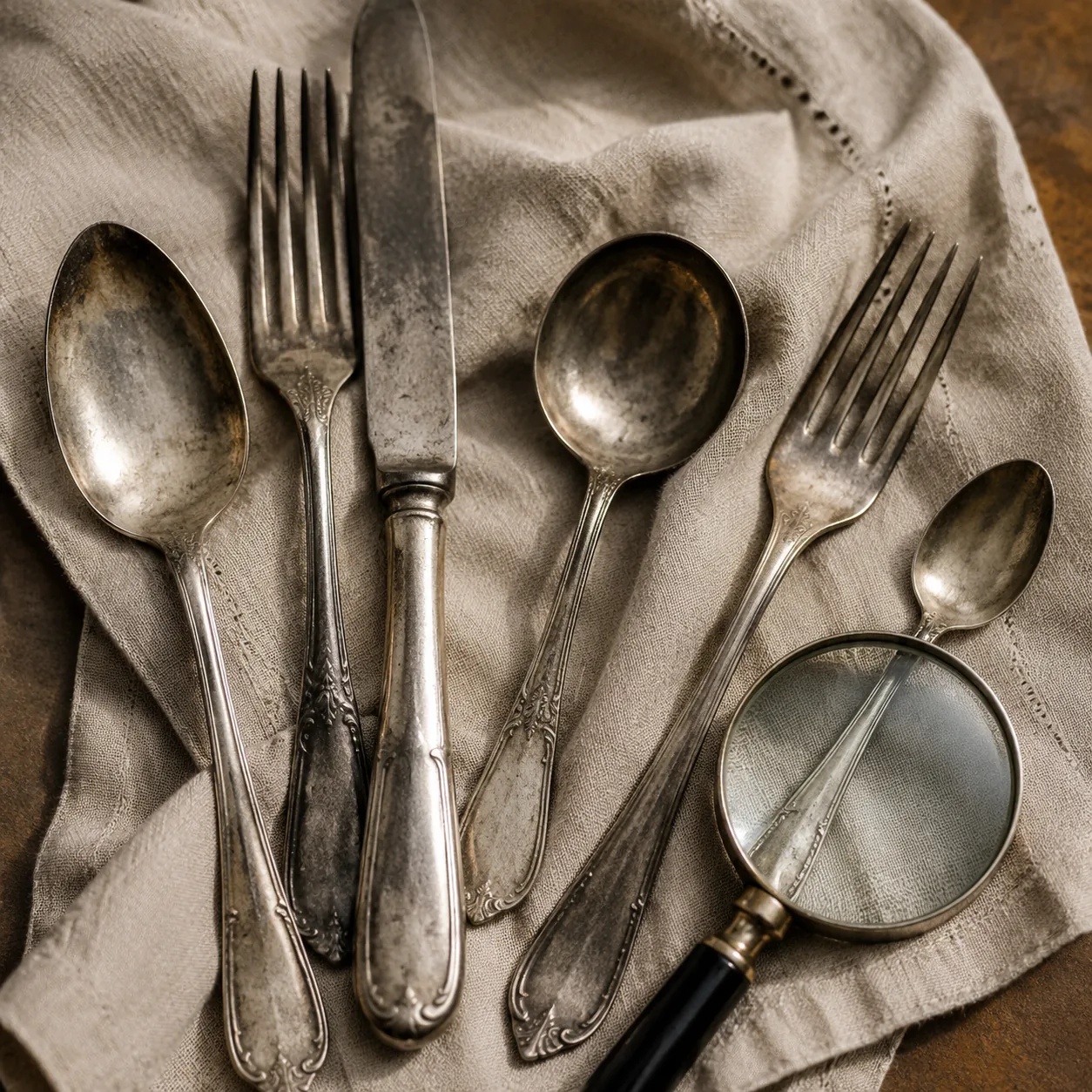 Realistic editorial photo of tarnished silver flatware spread on a linen napkin with a magnifying glass, warm natural li