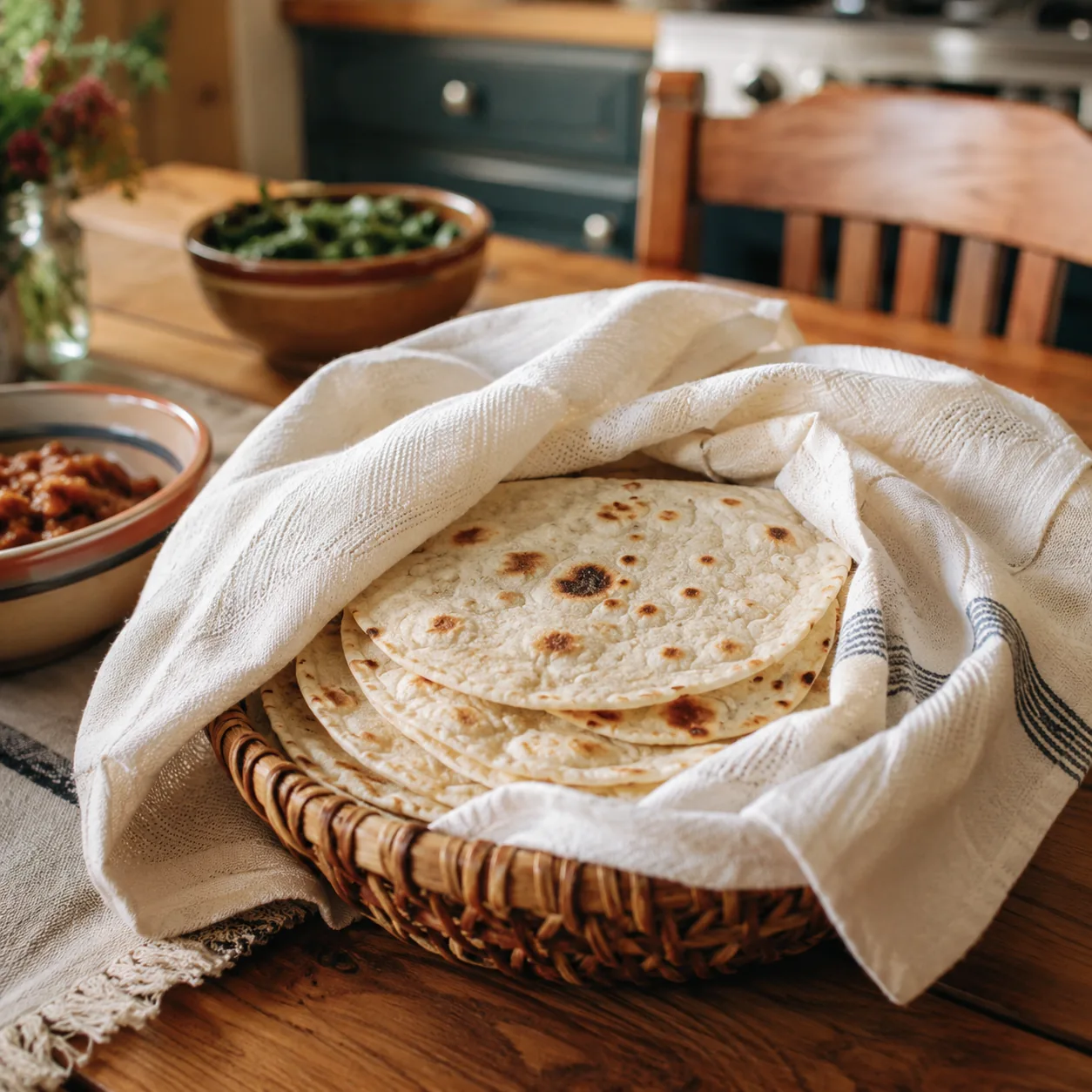 Realistic editorial photo of warm tortillas wrapped in a cloth towel inside a basket on a family kitchen table, warm nat