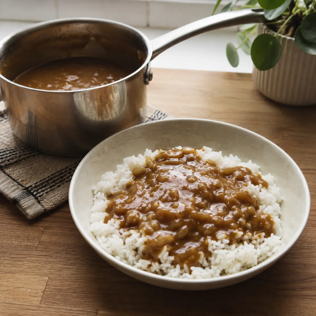 Realistic editorial photo of white rice covered with brown gravy in a shallow bowl beside a saucepan on a kitchen counte