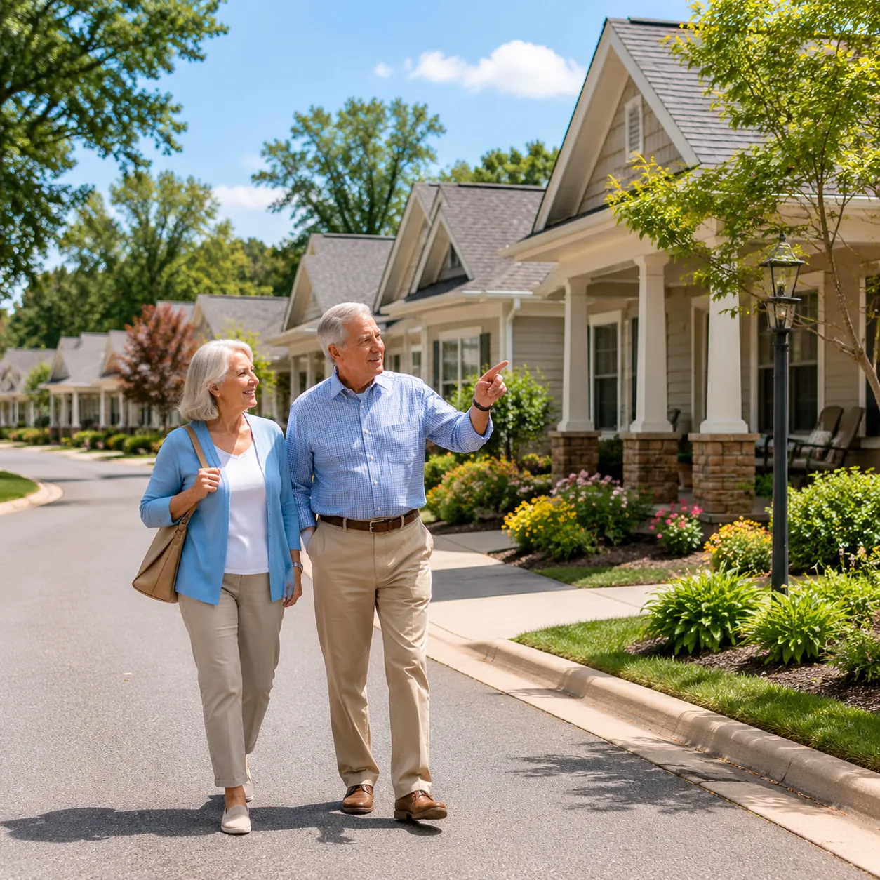 Realistic editorial photo of a calm retirement community street at midday with neat homes and an older couple walking du