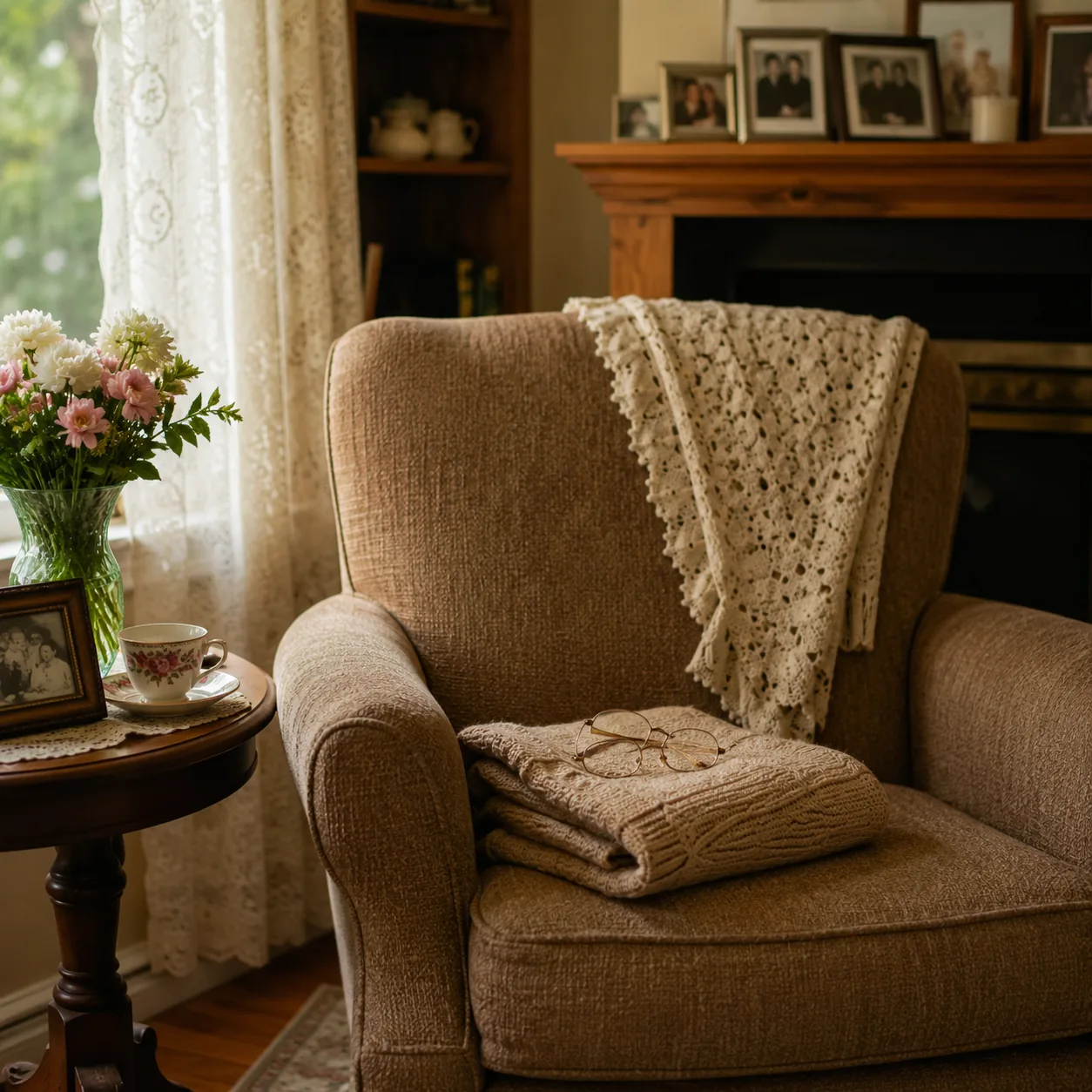 Realistic editorial photo of a cozy armchair with a folded blanket, reading glasses, and side table in a grandmother's l