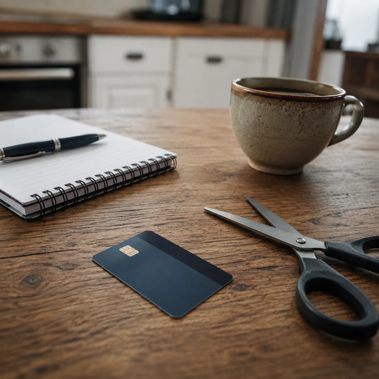 Realistic editorial photo of a credit card beside scissors, a notebook, and a coffee cup on a kitchen table, practical d