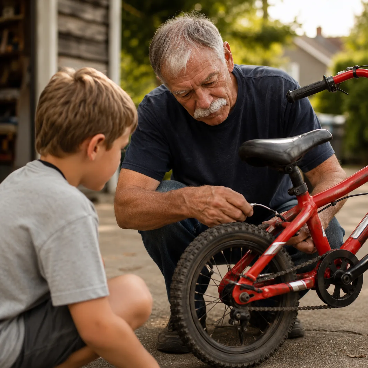 Realistic editorial photo of a grandfather adjusting a child's bicycle chain and brake cable in a driveway, warm natural