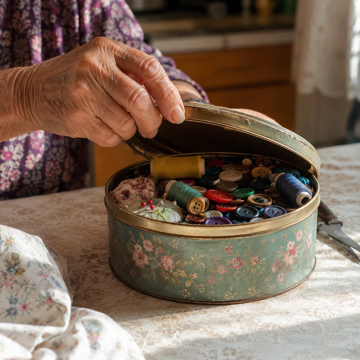 Realistic editorial photo of a grandmother's hand opening a tin filled with colorful buttons, thread, and needles on a k