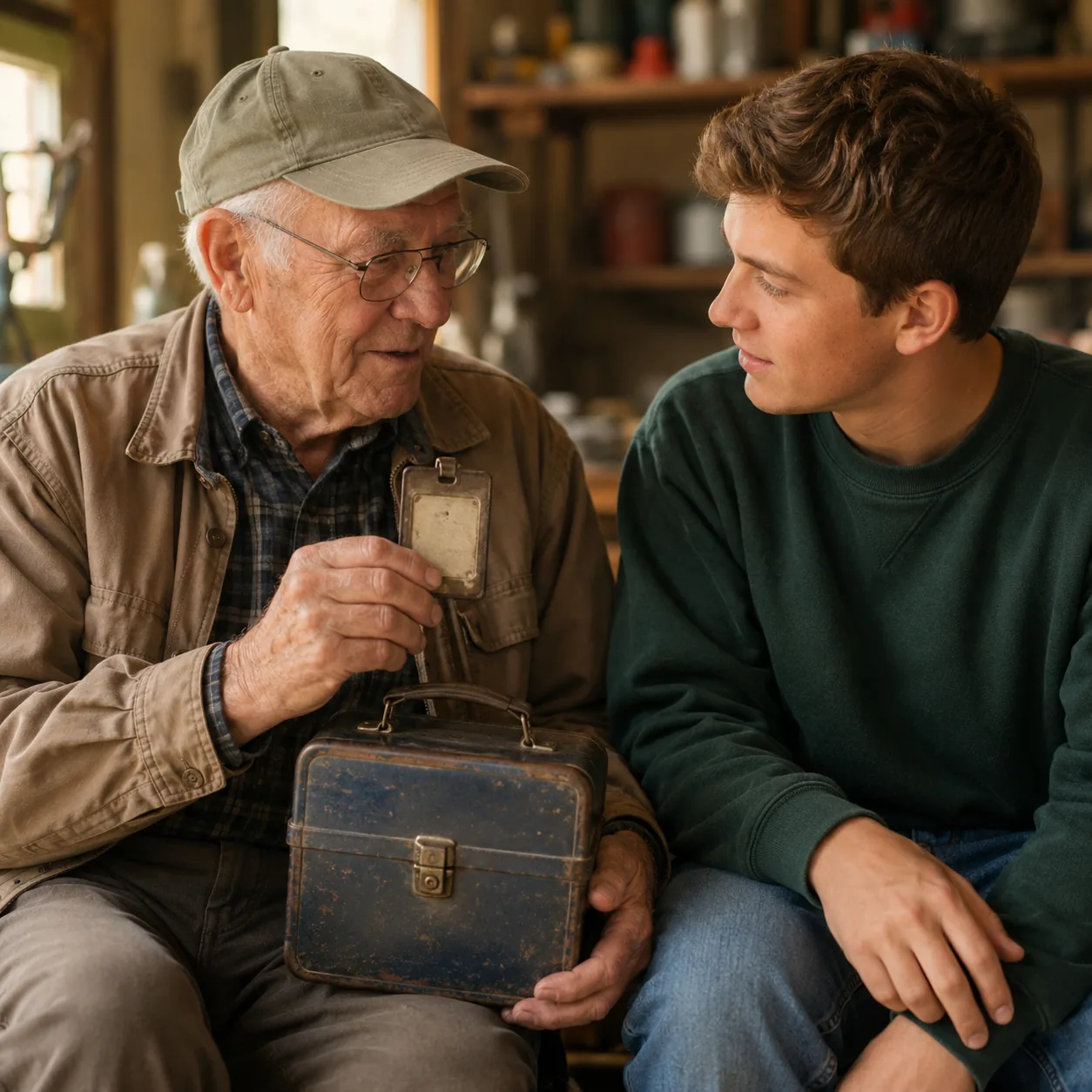Realistic editorial photo of a grandparent holding an old work badge and lunch pail beside a younger relative, warm natu