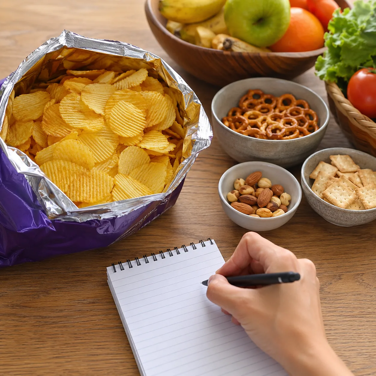 Realistic editorial photo of a large open snack bag beside smaller bowls and a family grocery list, practical home shopp