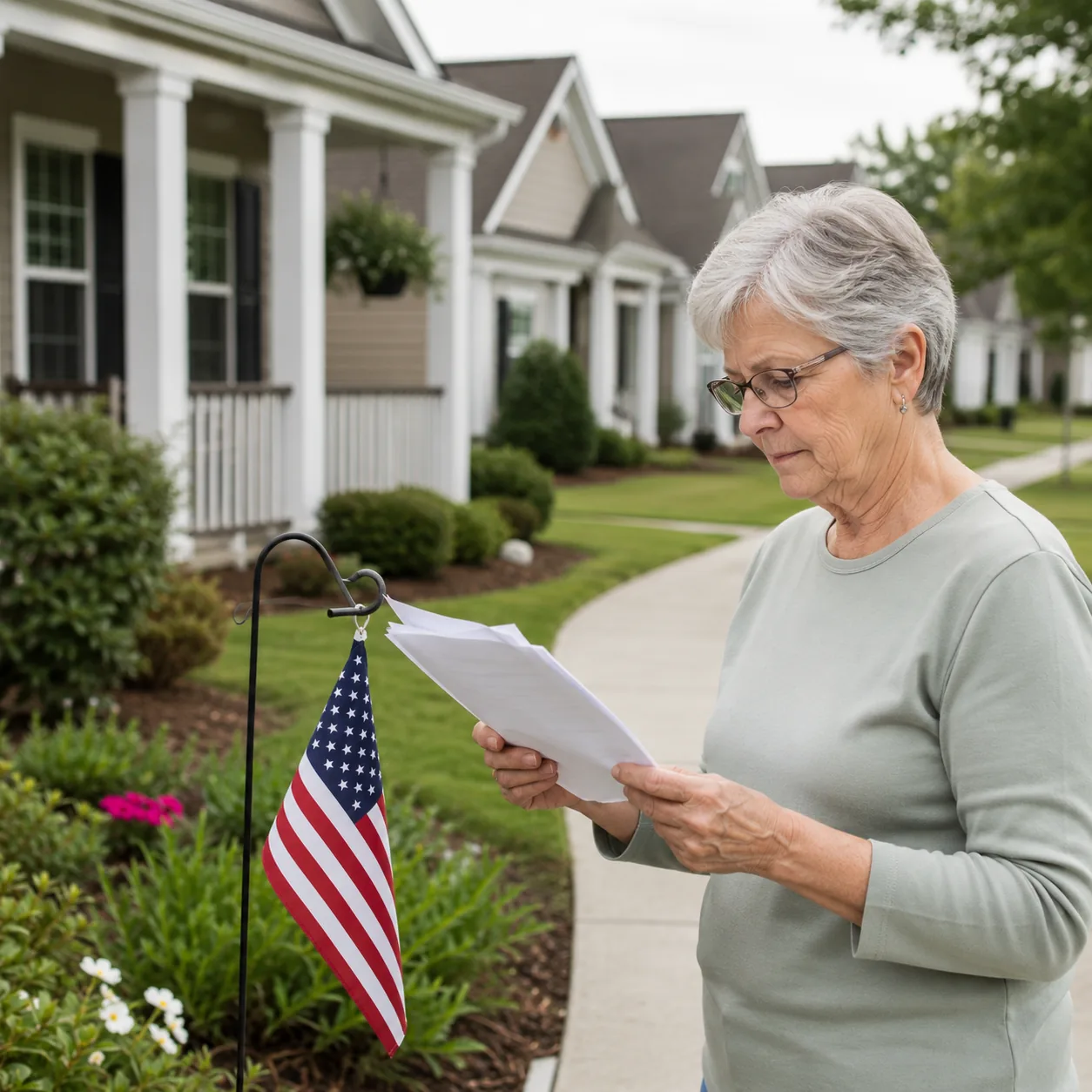 Realistic editorial photo of a retirement community front lawn with a small flag holder and an older resident reviewing