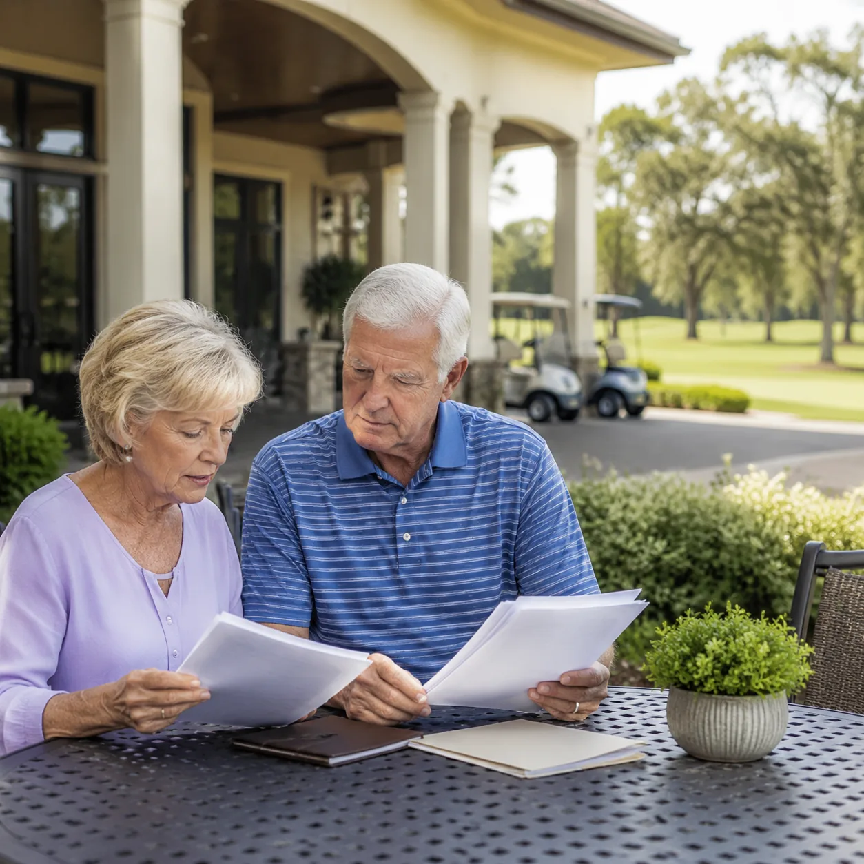 Realistic editorial photo of a retirement golf community clubhouse entrance with an older couple comparing membership pa