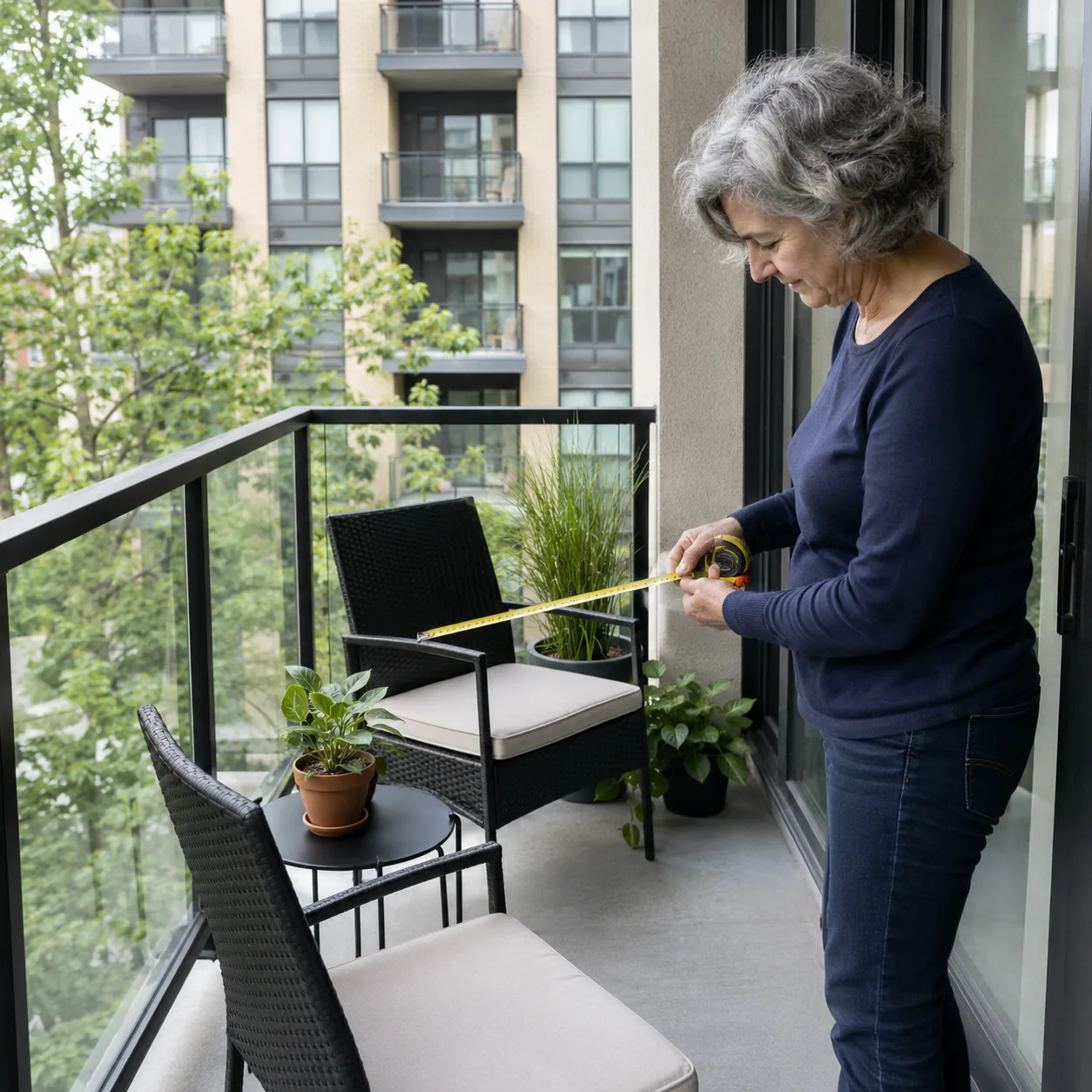Realistic editorial photo of a small condo balcony with approved chairs, plant pots, and an older woman measuring the ra