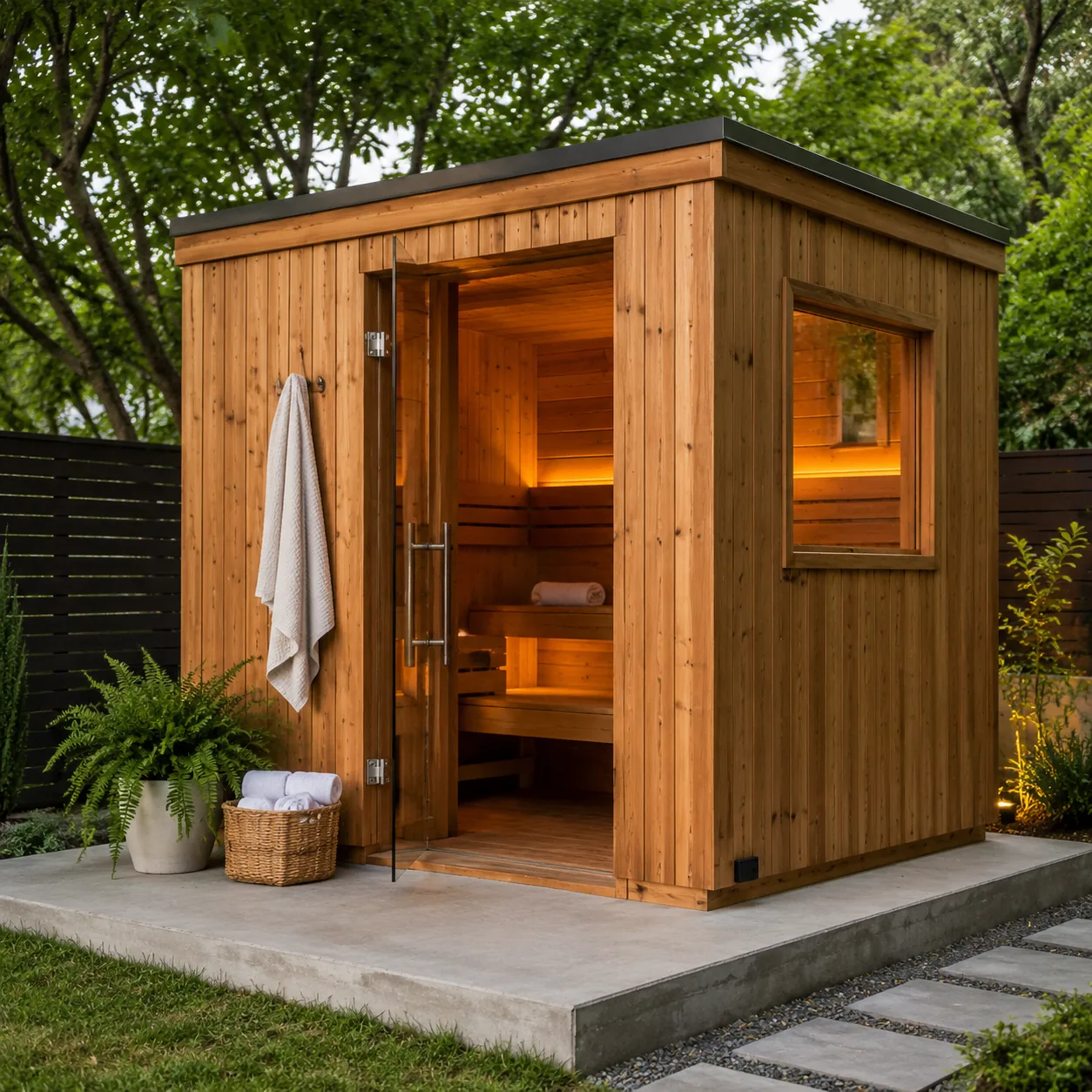 Realistic editorial photo of a wooden outdoor sauna in a backyard with towels and a level foundation pad, practical home