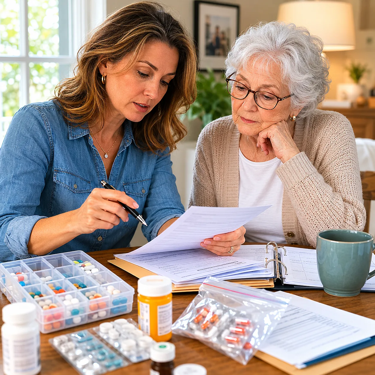 Realistic editorial photo of an adult child reviewing pharmacy packaging supplies and assisted living paperwork with an