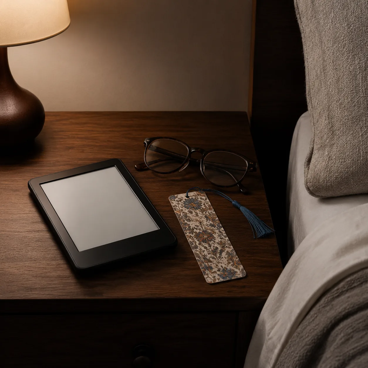Realistic editorial photo of an e-reader on a nightstand beside reading glasses and a bookmark, practical book discovery