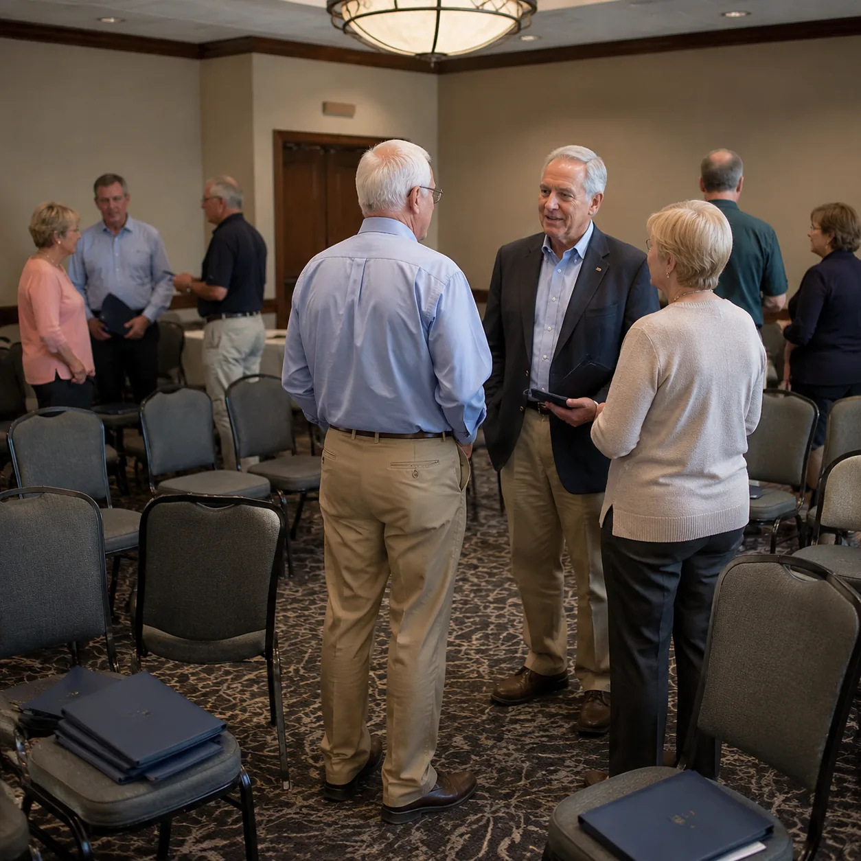 Realistic editorial photo of an HOA meeting room after a discussion with folders, empty chairs, and older residents talk