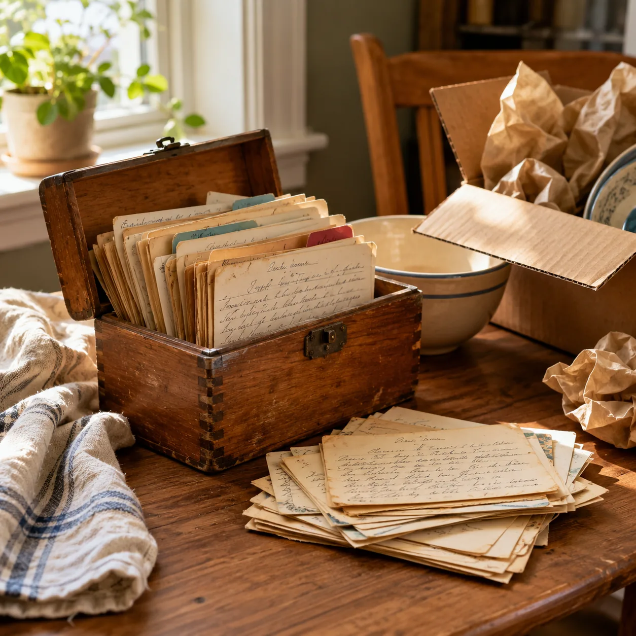 Realistic editorial photo of an old family recipe box with handwritten cards on a small kitchen table beside moving pape