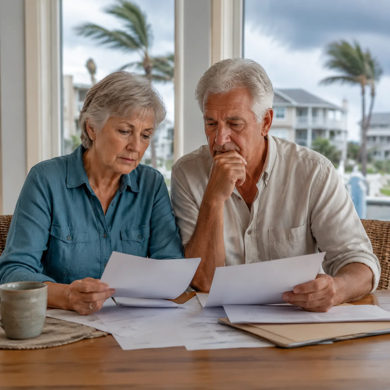 Realistic editorial photo of an older couple reviewing homeowners insurance paperwork with a coastal or storm-prone neig