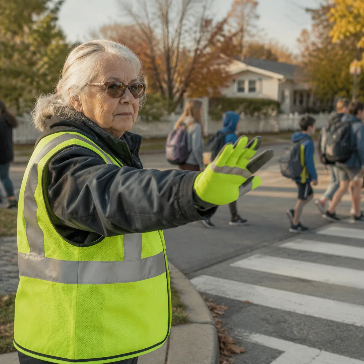Realistic editorial photo of an older crossing guard standing at a suburban crosswalk in reflective safety gear during s