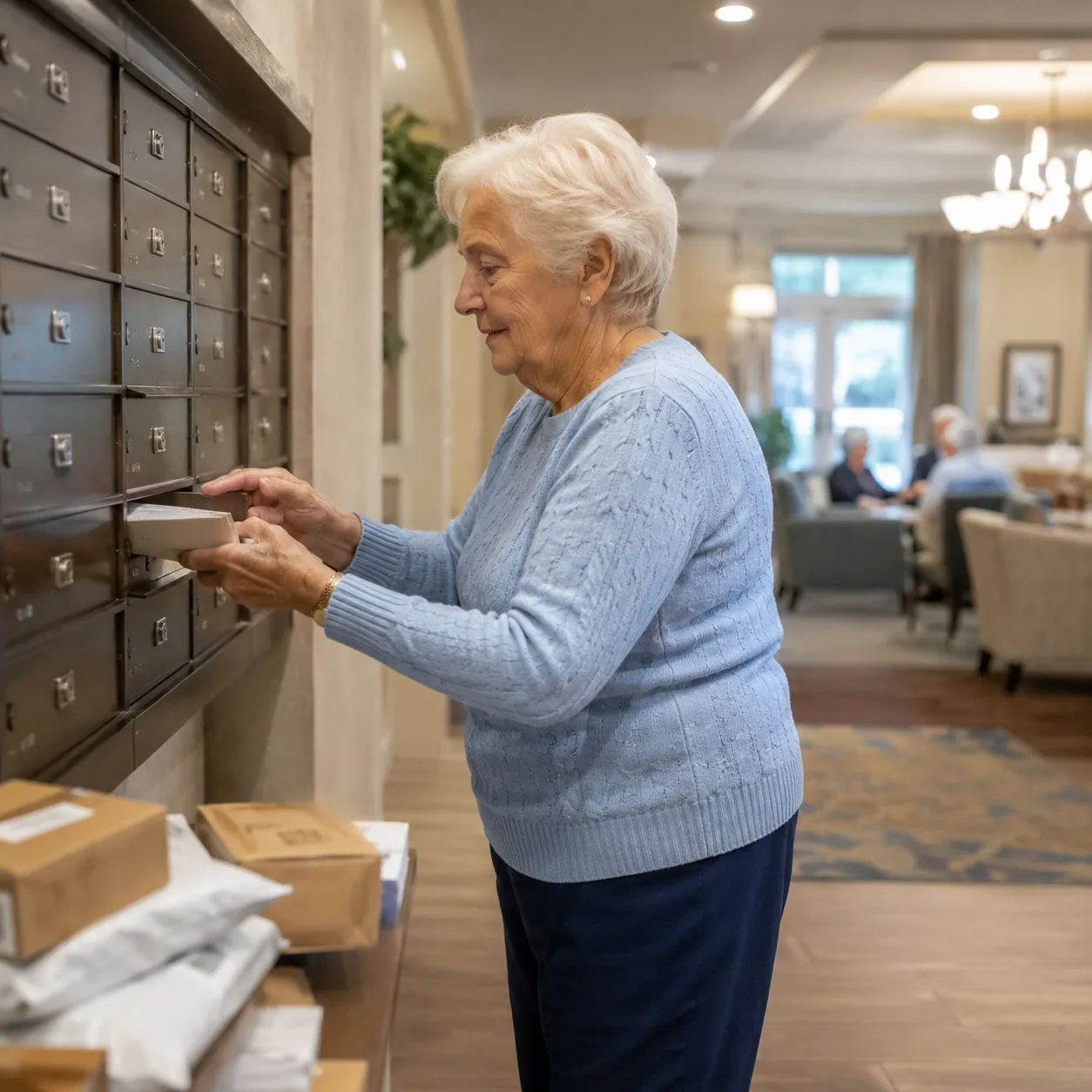 Realistic editorial photo of an older resident collecting packages from a retirement community mail station with small p
