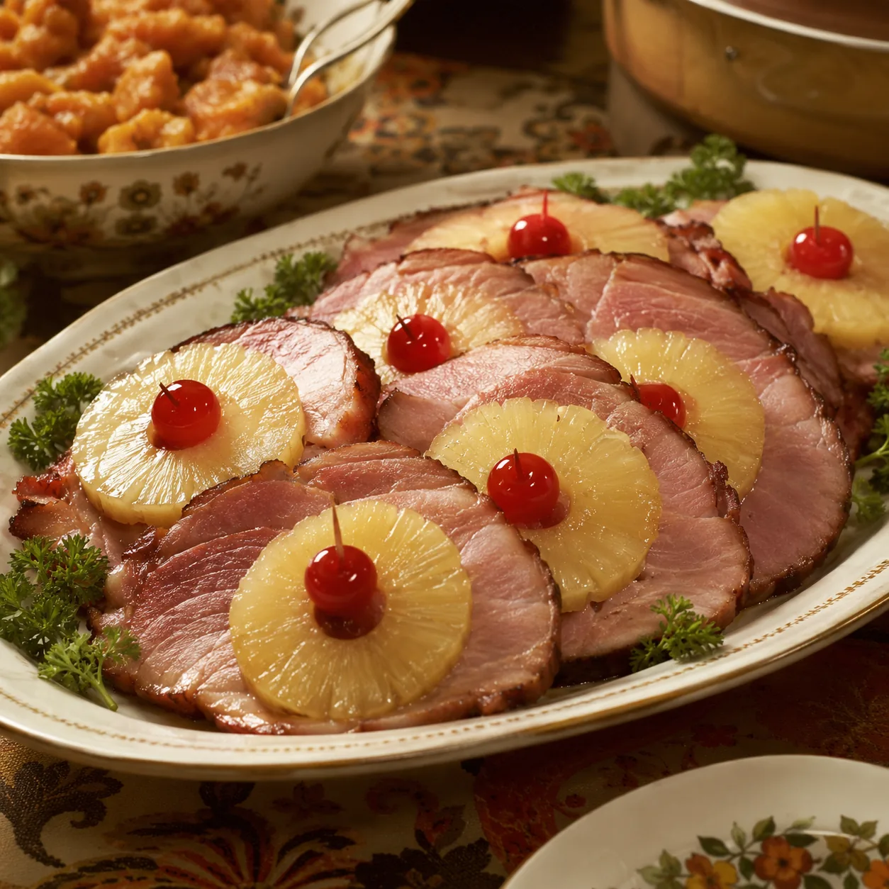 Realistic editorial photo of baked ham slices topped with pineapple rings and cherries on a serving platter, practical 1