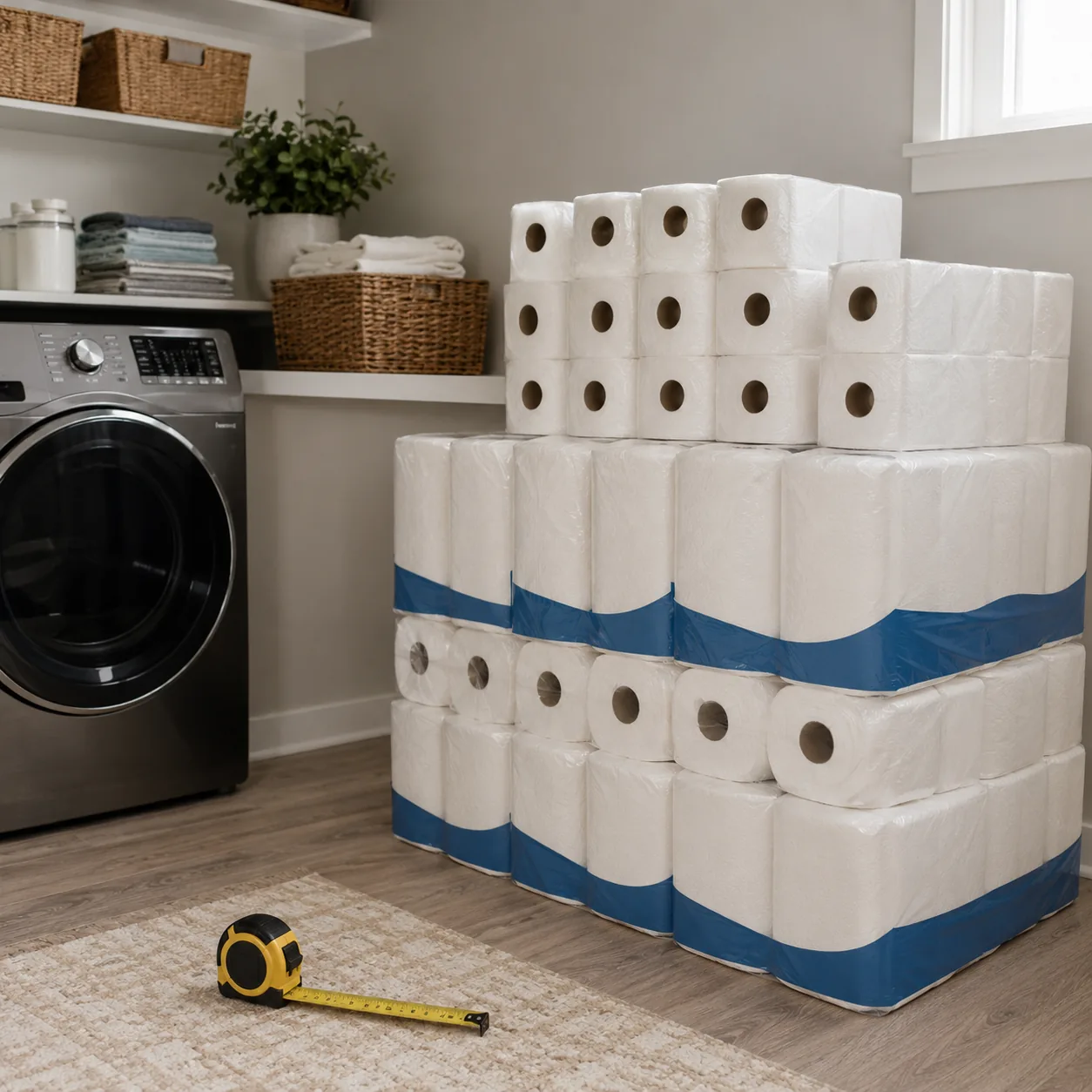 Realistic editorial photo of bulk paper goods stacked neatly in a laundry room with measuring tape nearby, practical hom