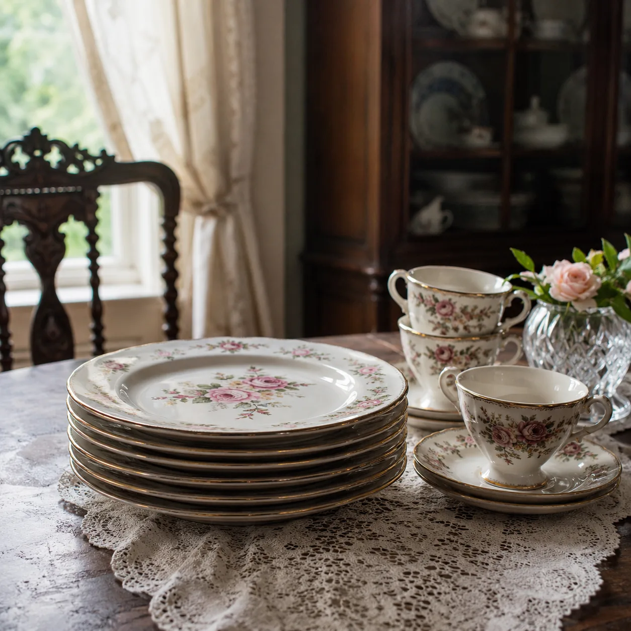 Realistic editorial photo of delicate floral porcelain dinner plates stacked beside teacups in a vintage dining room, so