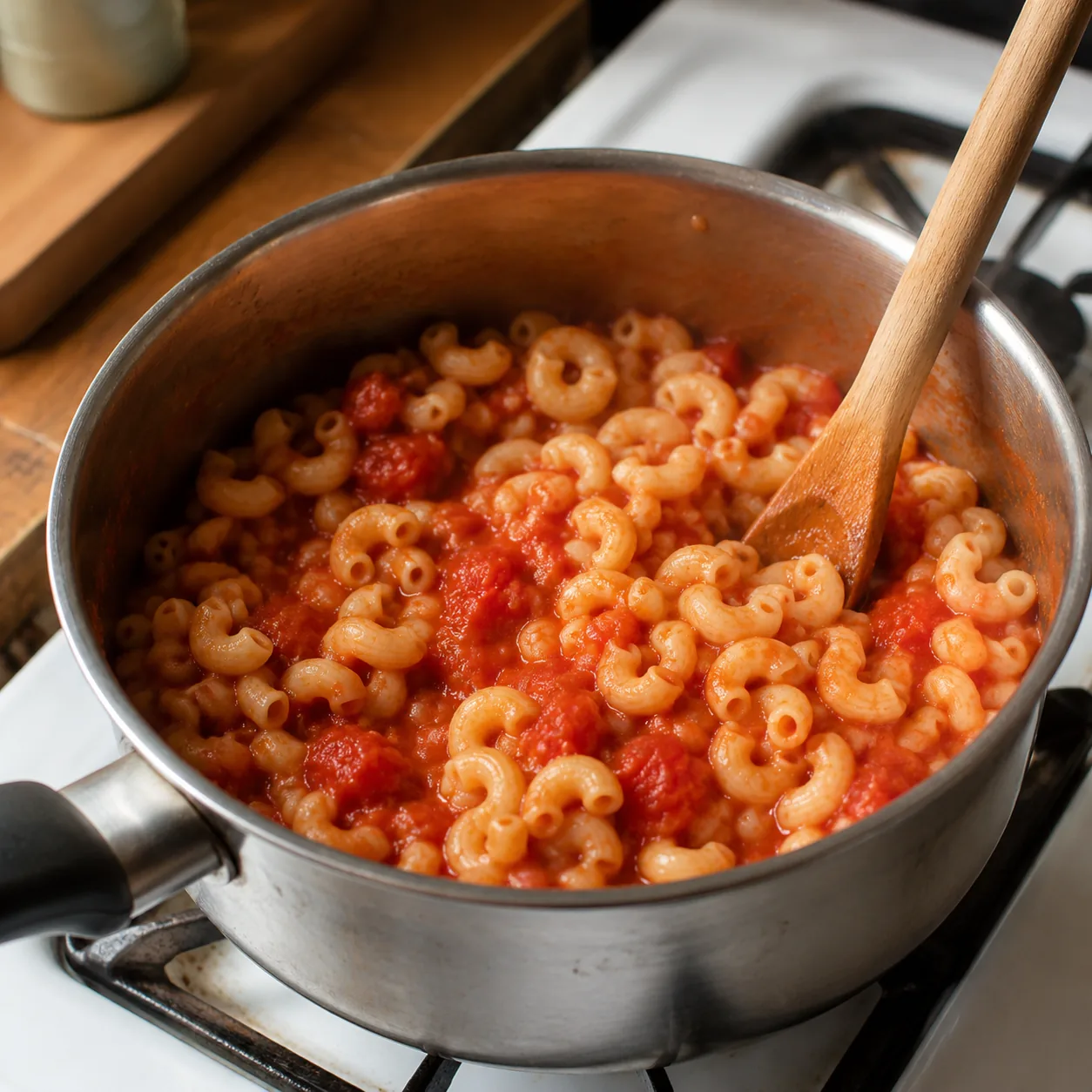 Realistic editorial photo of elbow macaroni mixed with canned tomatoes in a saucepan on a simple kitchen stove, practica