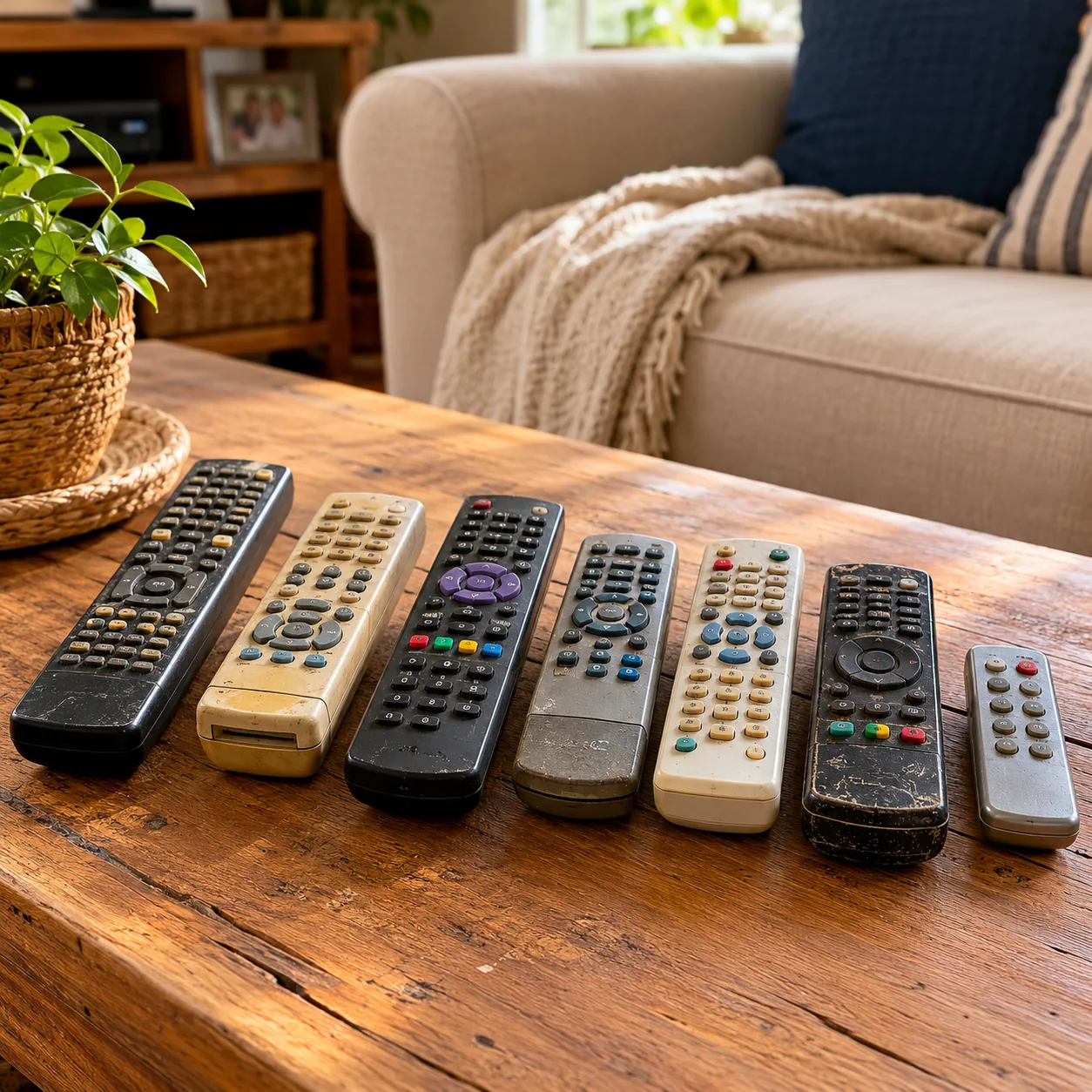Realistic editorial photo of old remote controls lined up on a coffee table in a family living room, warm natural light,