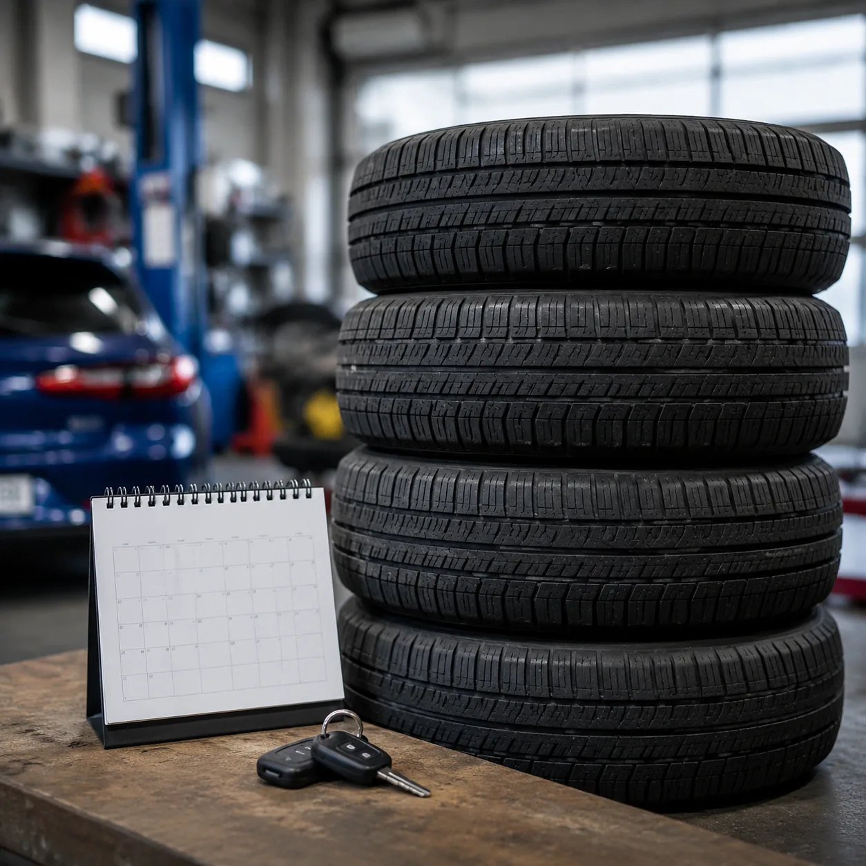 Realistic editorial photo of stacked car tires in a service bay with a calendar and car keys nearby, practical consumer
