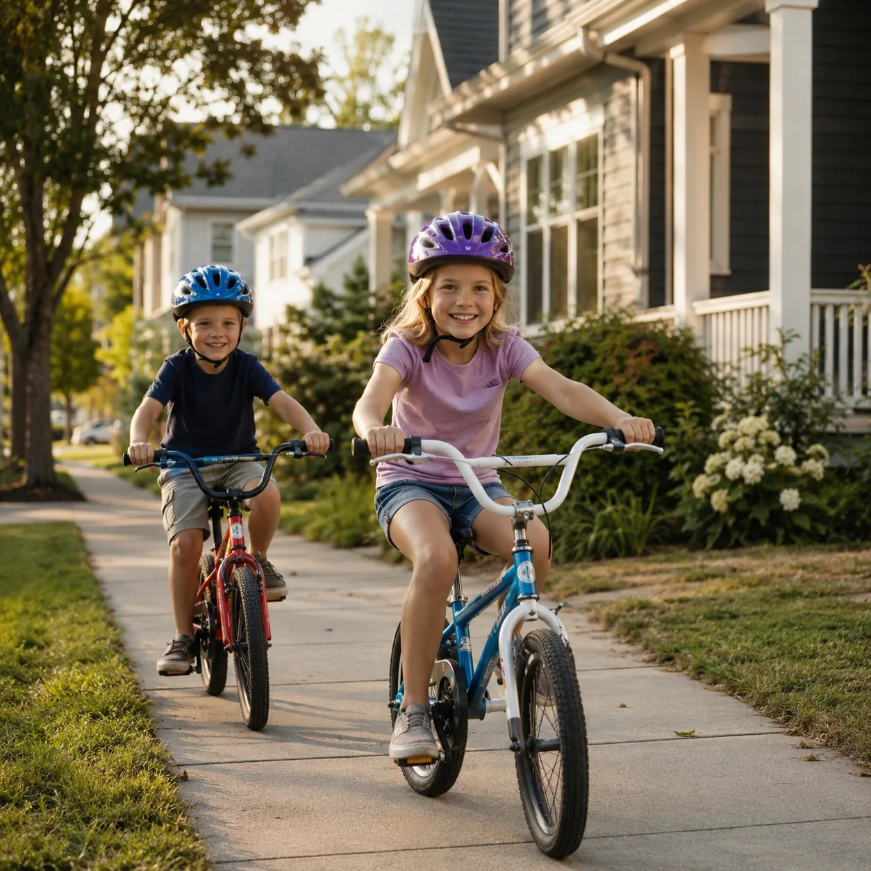 Realistic editorial photo of two children riding bicycles on a quiet neighborhood sidewalk with houses in the background