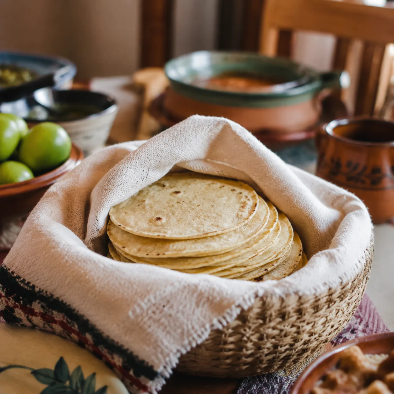 Realistic editorial photo of warm corn tortillas wrapped in a cloth towel inside a basket on a family table, warm natura
