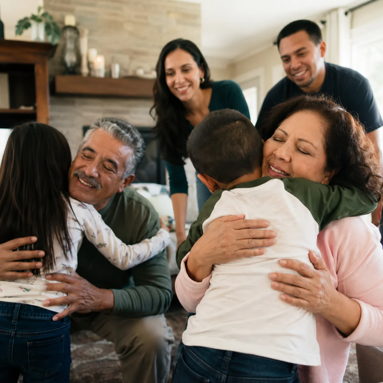 Realistic editorial photo of young Latino children greeting older relatives with hugs in a cozy living room, warm natura