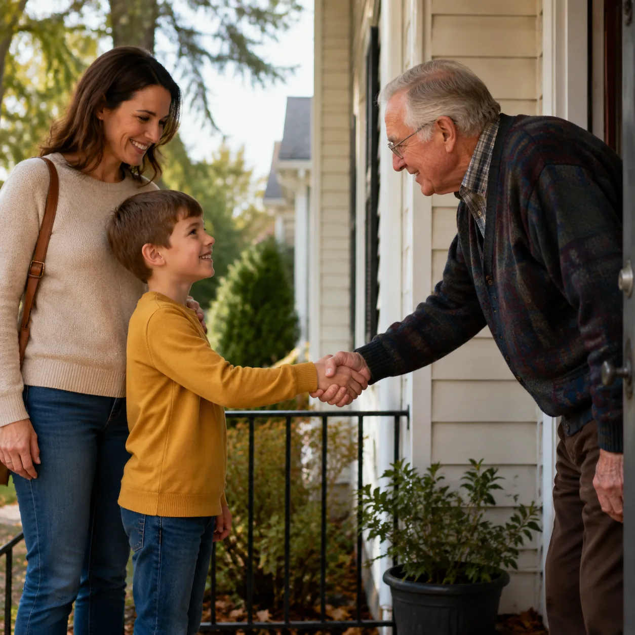 Realistic editorial photo of a child greeting an older neighbor on a front porch while a parent stands nearby, warm natu