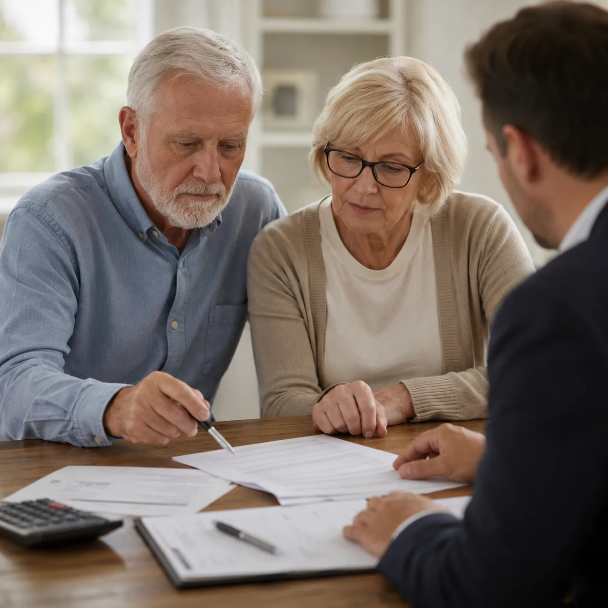 Realistic editorial photo of a closing table with senior homebuyers, fee documents, a pen, and a calculator in soft dayl