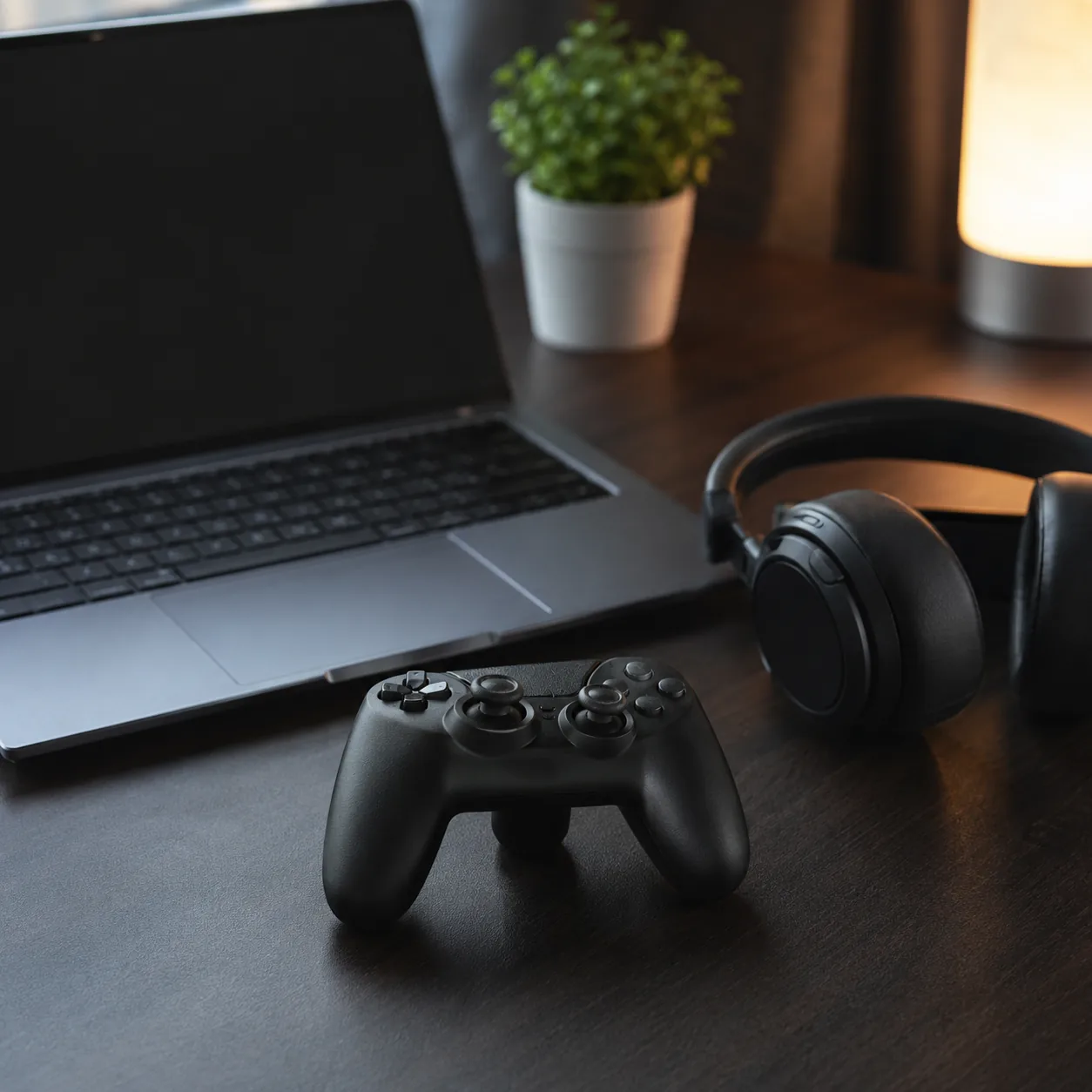 Realistic editorial photo of a gaming controller, laptop, and headphones on a desk with soft lighting, practical enterta