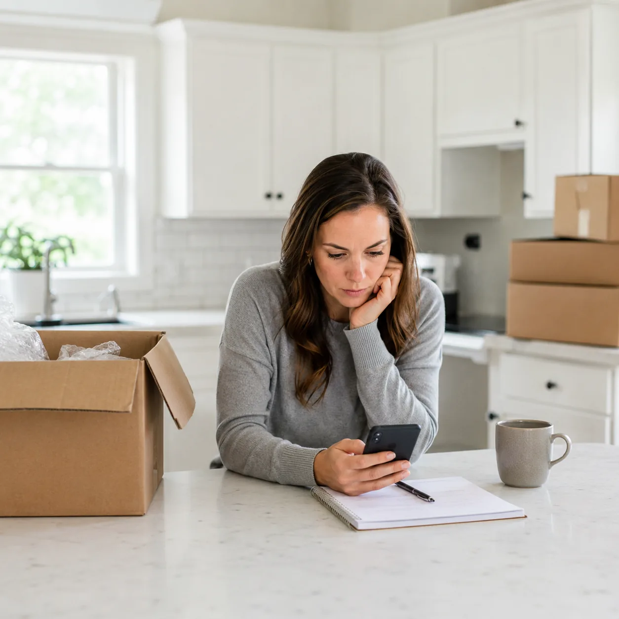 Realistic editorial photo of a homebuyer comparing savings account balance, moving boxes, and a checklist on a kitchen i
