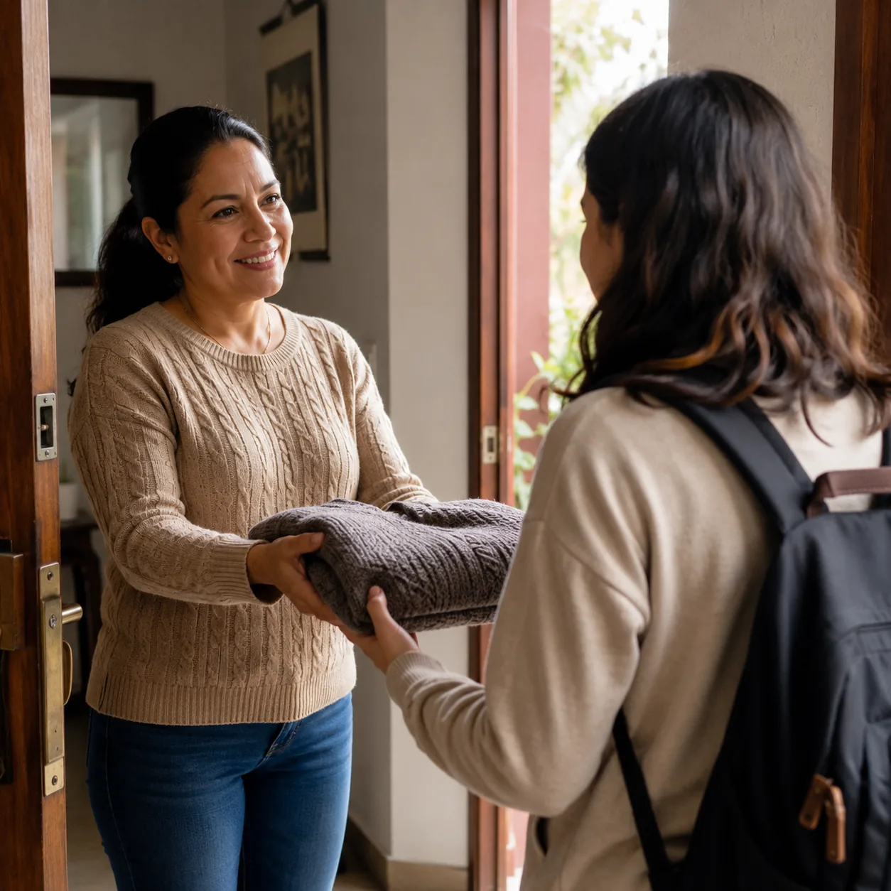 Realistic editorial photo of a Latina mother handing a sweater to a young adult at the front door, cozy entryway, warm n