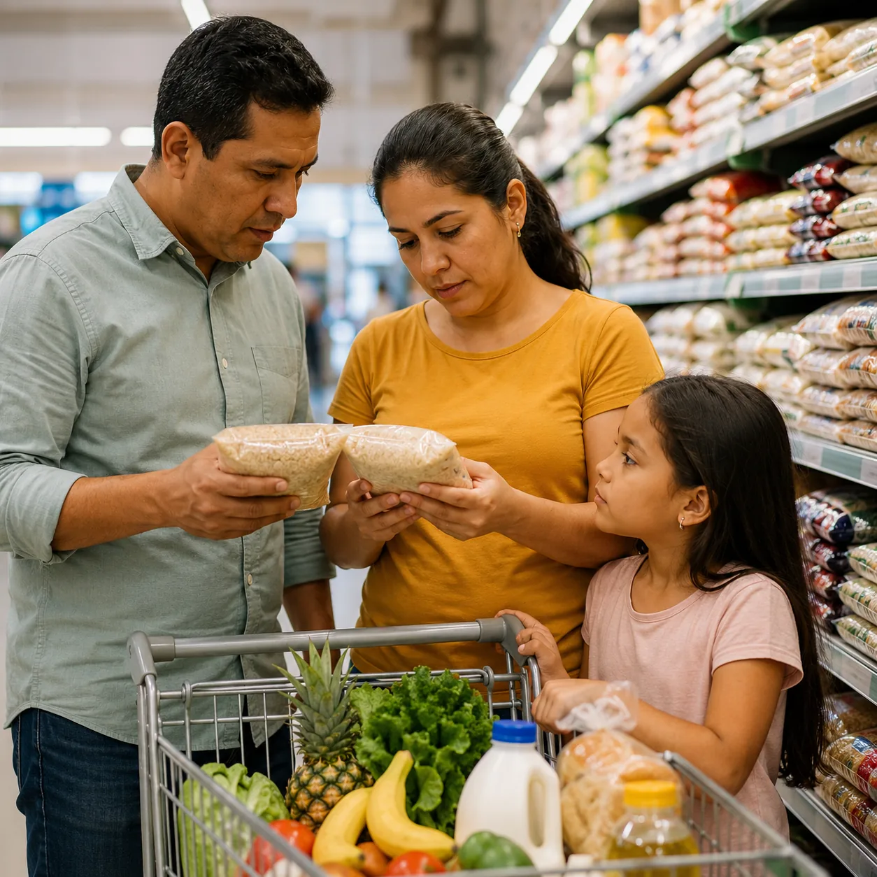 Realistic editorial photo of a Latino family comparing grocery prices in a supermarket aisle with a cart of basics, warm