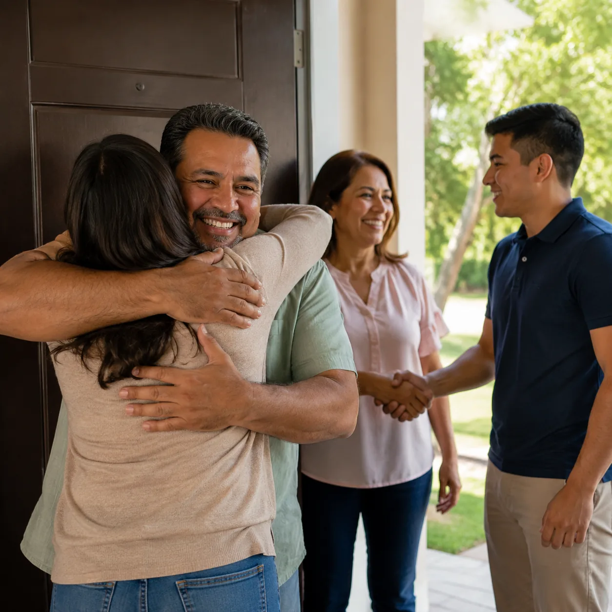 Realistic editorial photo of a Latino family greeting relatives at the front door with hugs and handshakes, warm home en