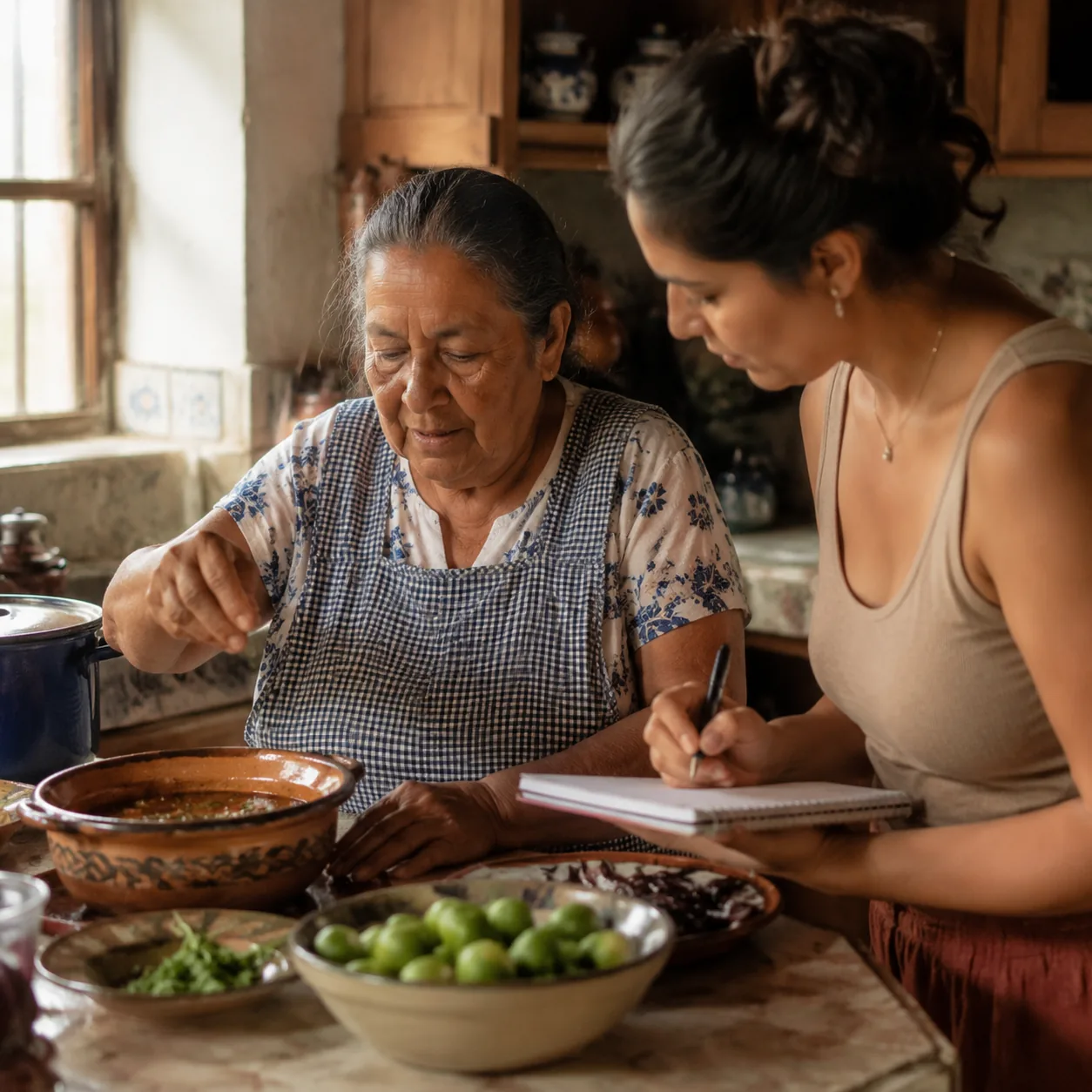 Realistic editorial photo of a Latino grandmother cooking by instinct while an adult grandchild watches and takes notes