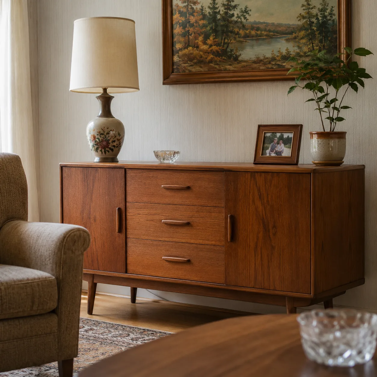 Realistic editorial photo of a mid century wooden sideboard in a grandparent living room with simple decor, natural afte