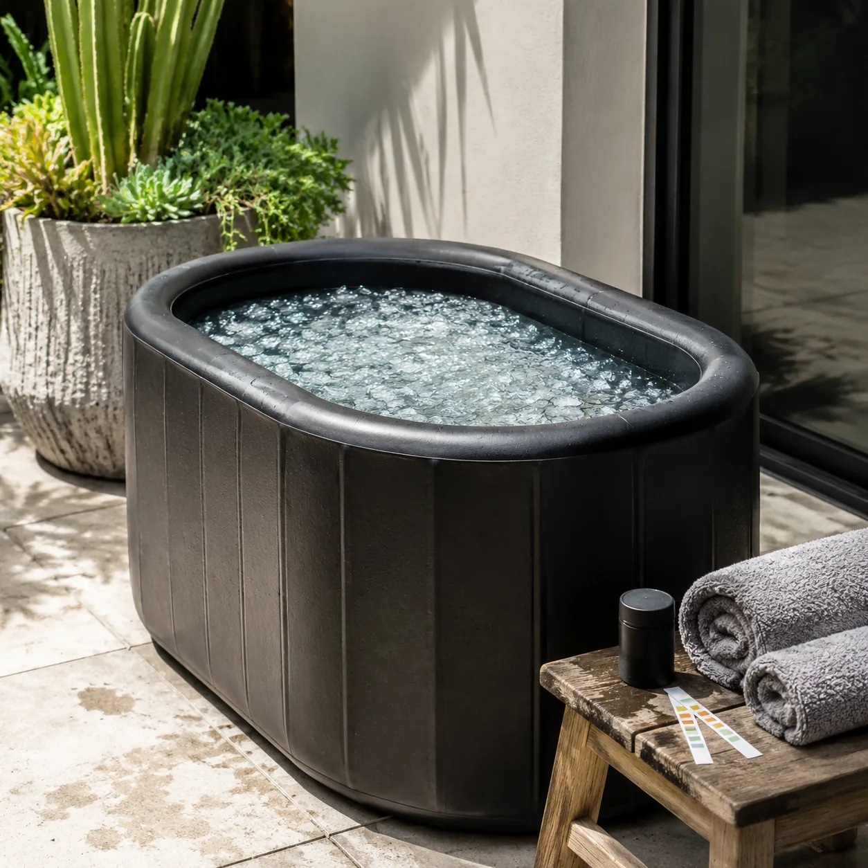 Realistic editorial photo of a modern cold plunge tub on a patio with towels and water test strips nearby, practical wel